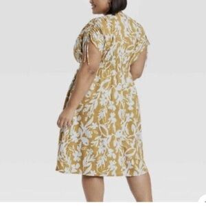 Ava & Viv dress Floral V-Neck mustard blue capped sleeve cotton midi 2x